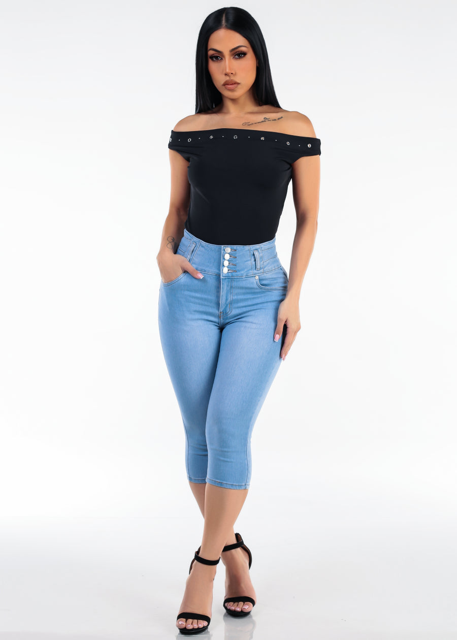 Butt Lift Super High Waisted Stretch Denim Capris Light Blue