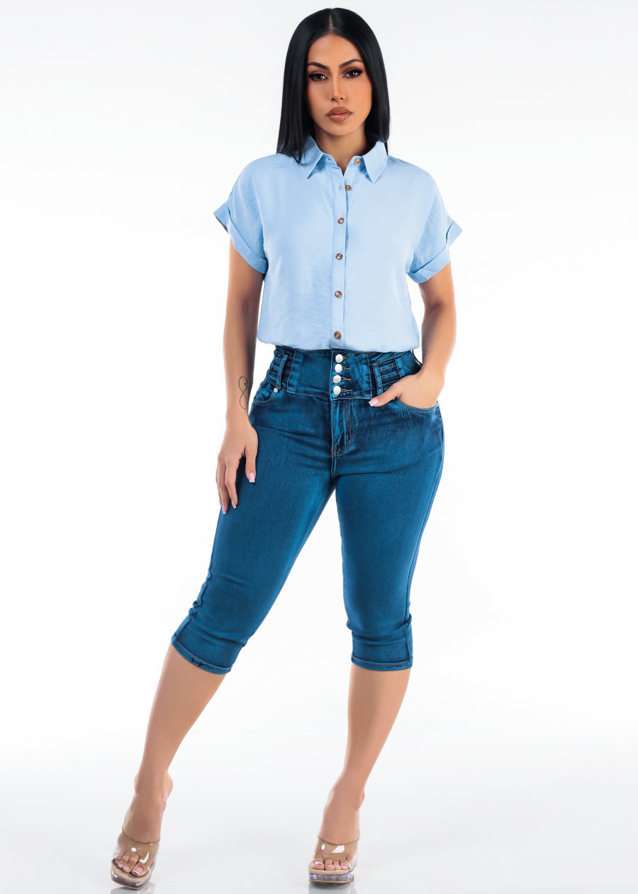 Butt Lift High Waisted Stretch Denim Capris Sand Wash w Back Pocket Design