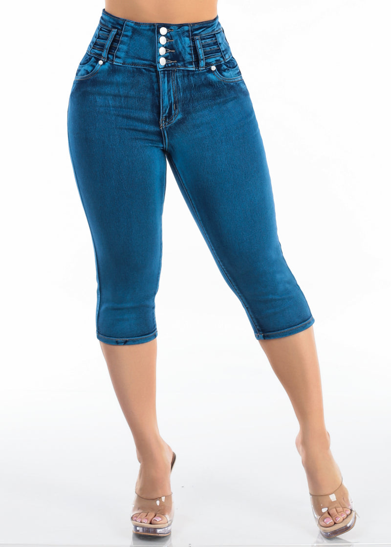 Butt Lift High Waisted Stretch Denim Capris Sand Wash w Back Pocket Design