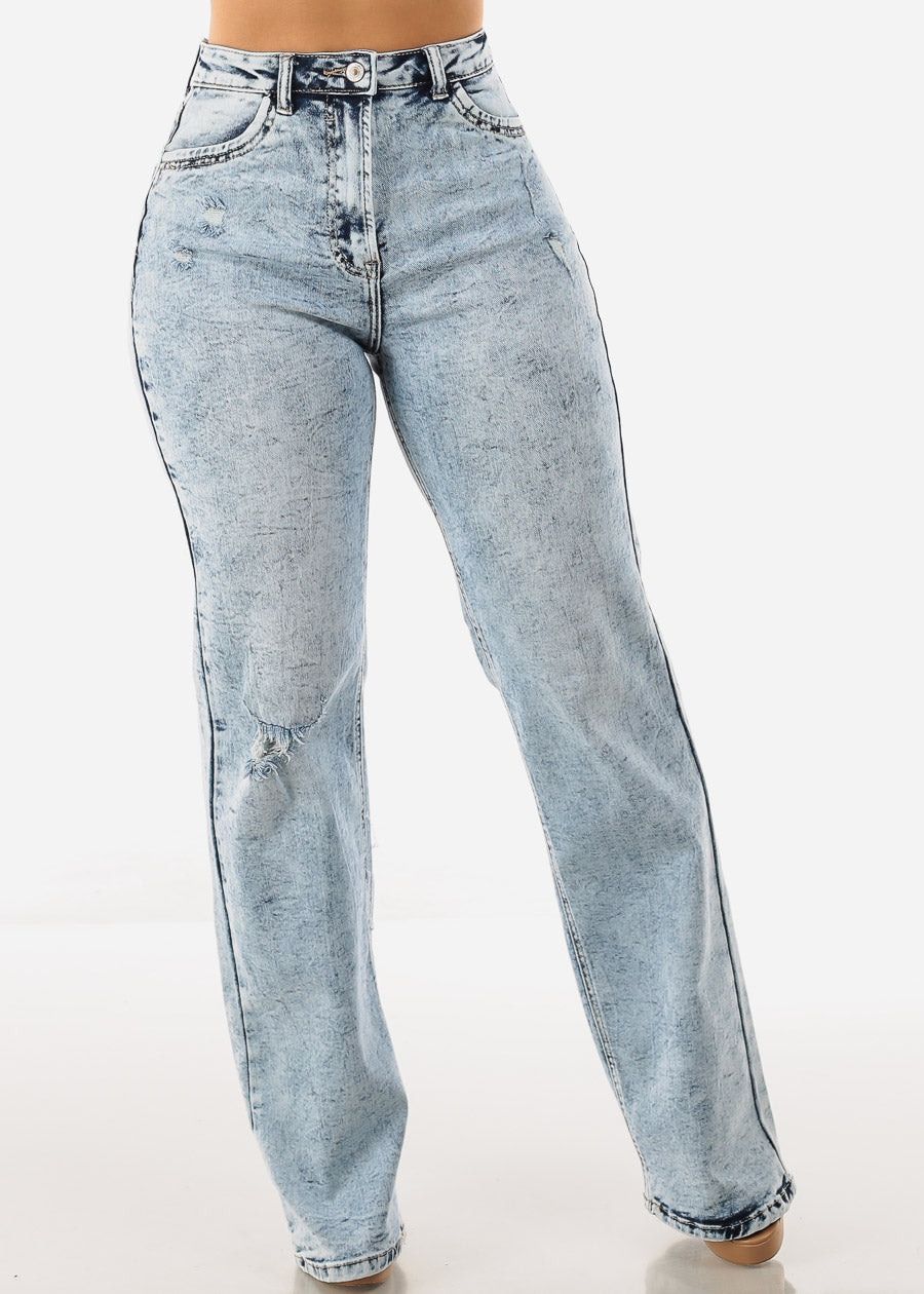 Ripped Acid Wash Wide Leg Straight Stretch Jeans