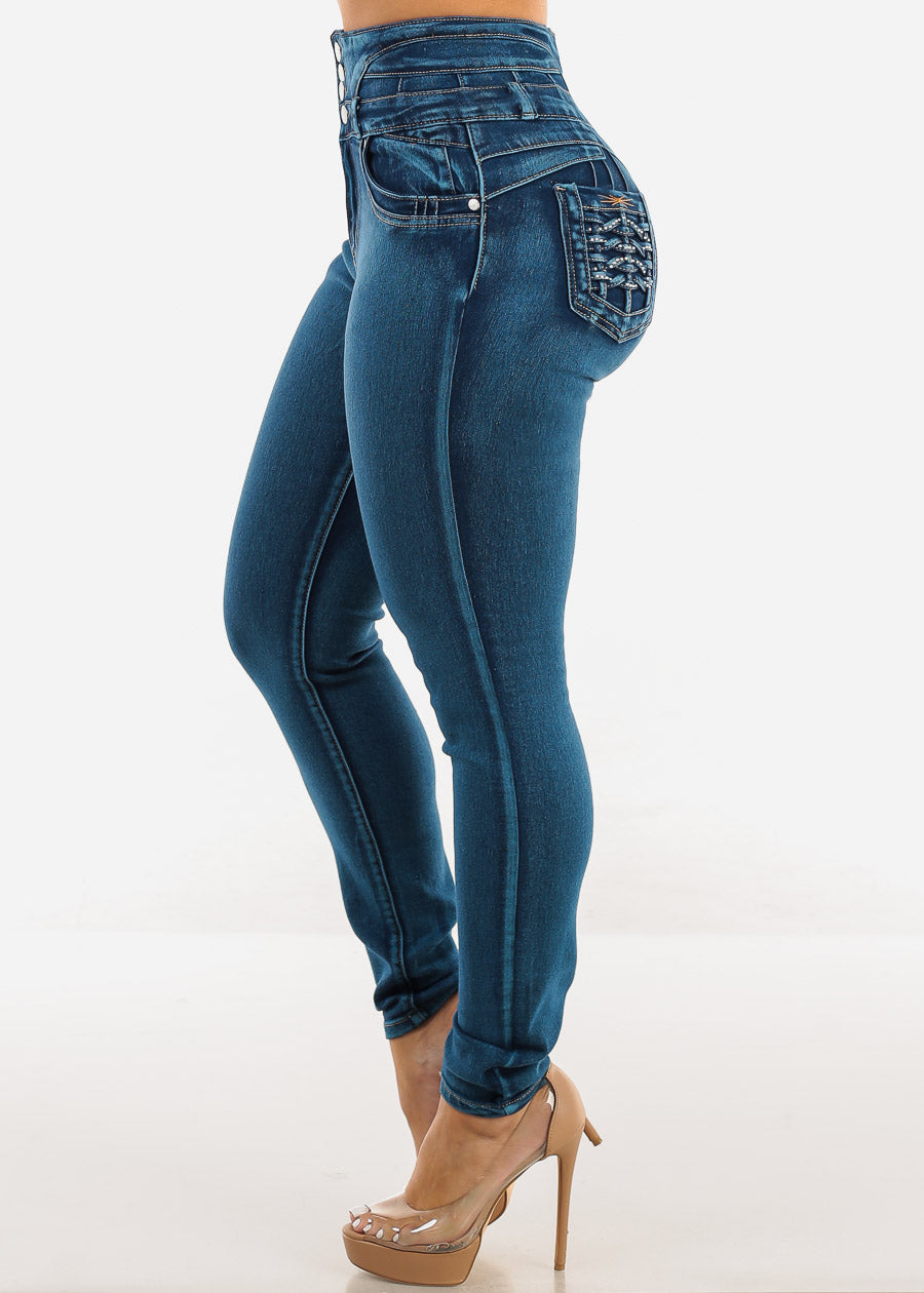 Butt Lift Super High Waist Skinny Jeans w Back Pocket Design