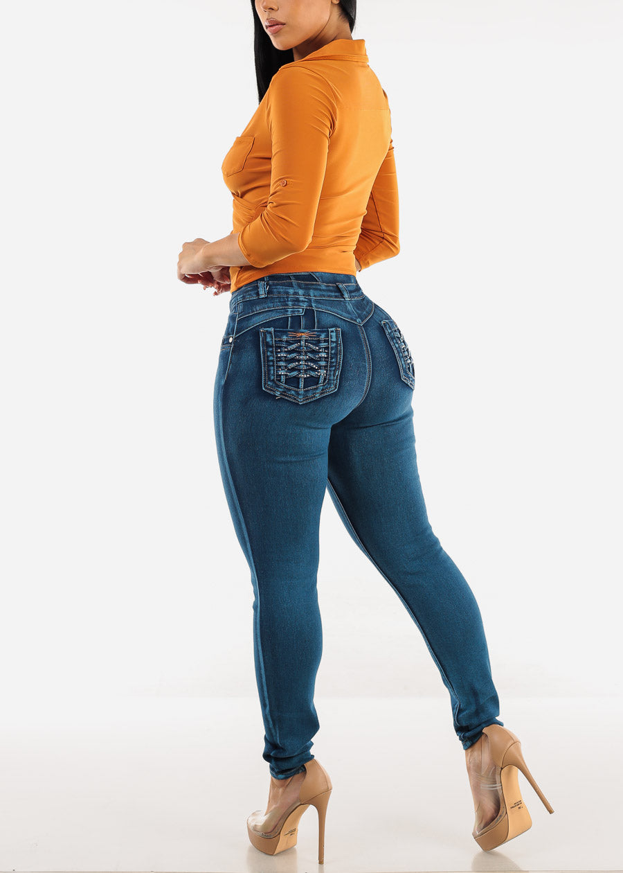 Butt Lift Super High Waist Skinny Jeans w Back Pocket Design