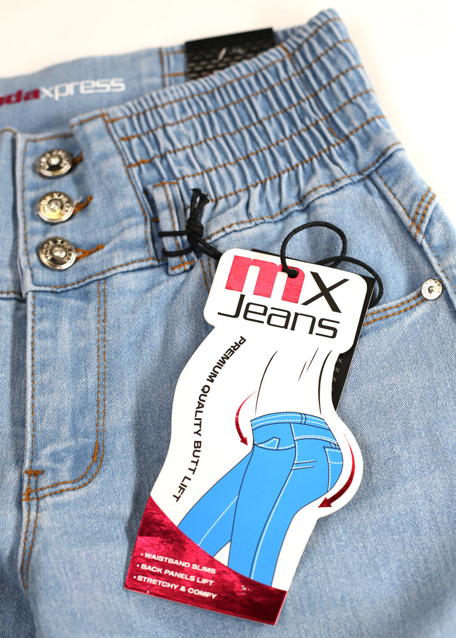MX JEANS Butt Lift 3 Button Spandex Waist Jogger Jeans Light Wash