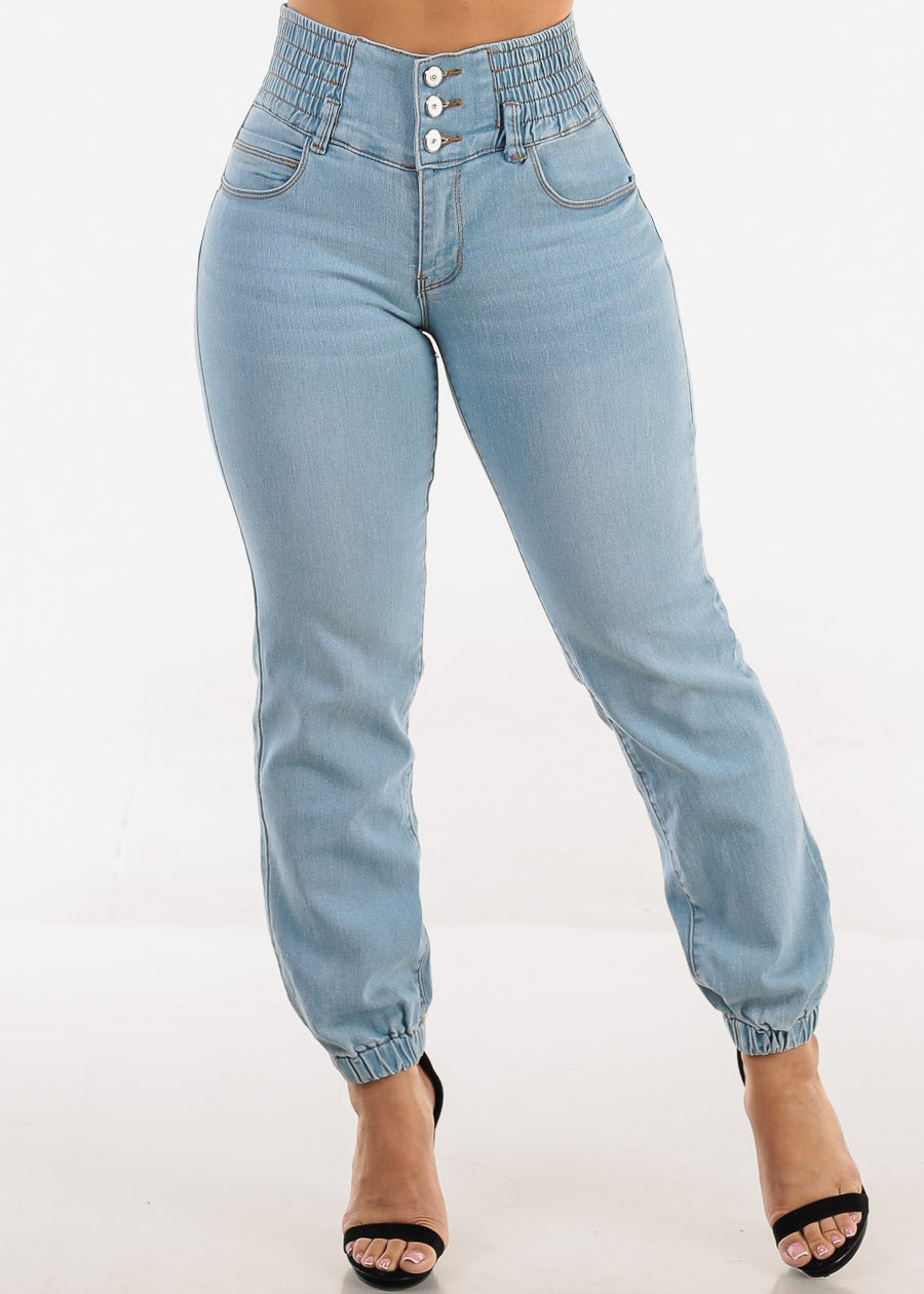MX JEANS Butt Lift 3 Button Spandex Waist Jogger Jeans Light Wash