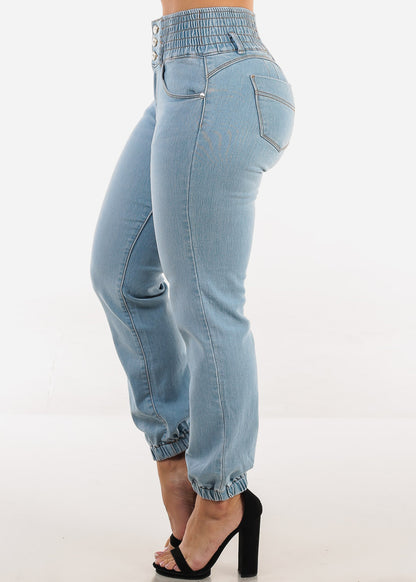 MX JEANS Butt Lift 3 Button Spandex Waist Jogger Jeans Light Wash