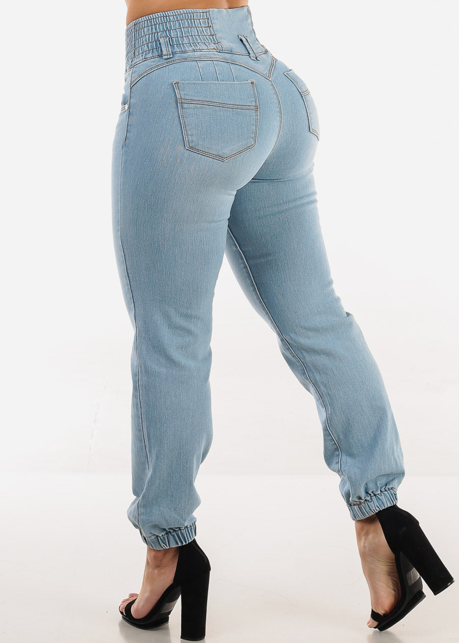 MX JEANS Butt Lift 3 Button Spandex Waist Jogger Jeans Light Wash