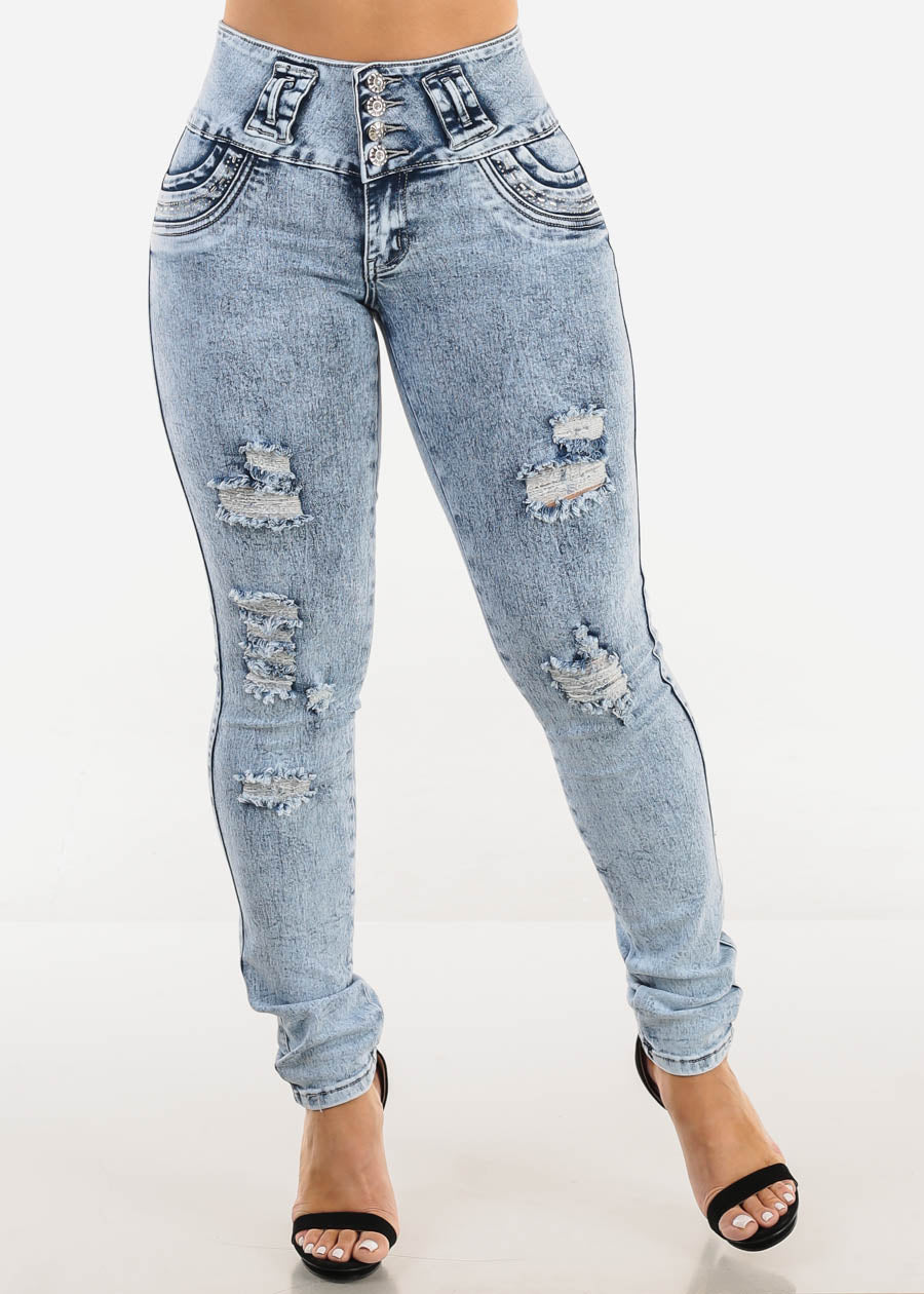 MX JEANS Faded Torn Butt Lifting Skinny Jeans