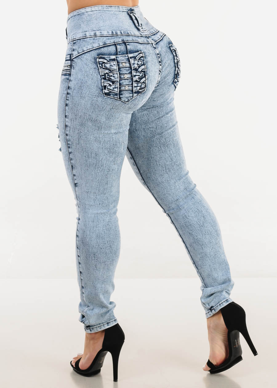 MX JEANS Faded Torn Butt Lifting Skinny Jeans