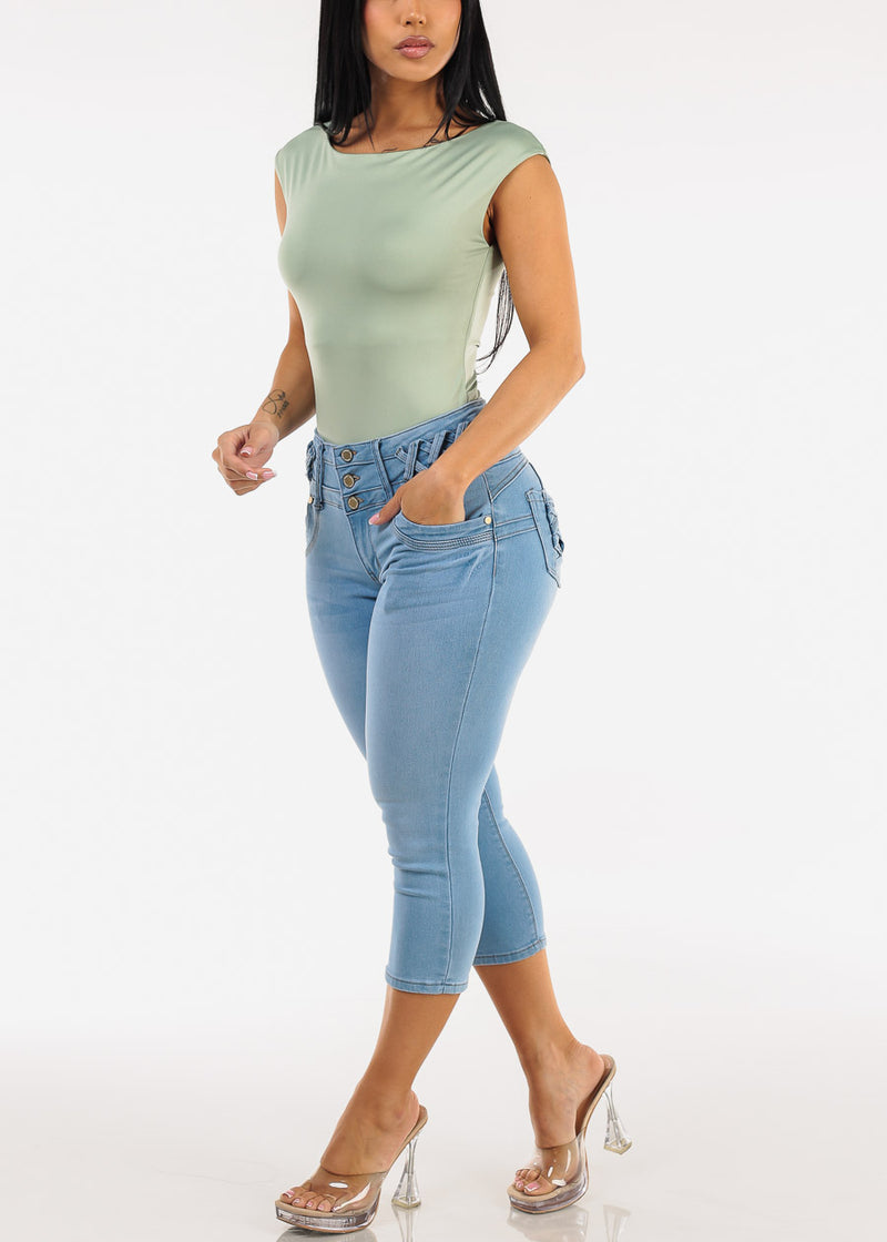 MX JEANS Butt Lift Mid Rise Denim Capris Light Wash w Lace Up Design