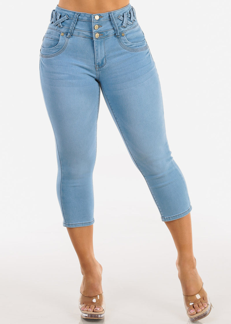 MX JEANS Butt Lift Mid Rise Denim Capris Light Wash w Lace Up Design