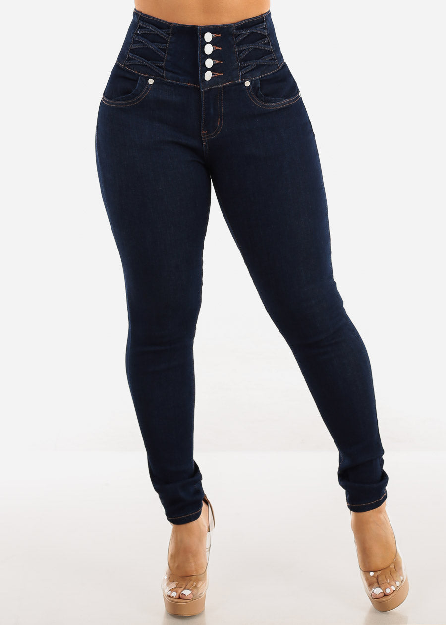 Super High Waist Butt Lift Skinny Jeans Dark Blue