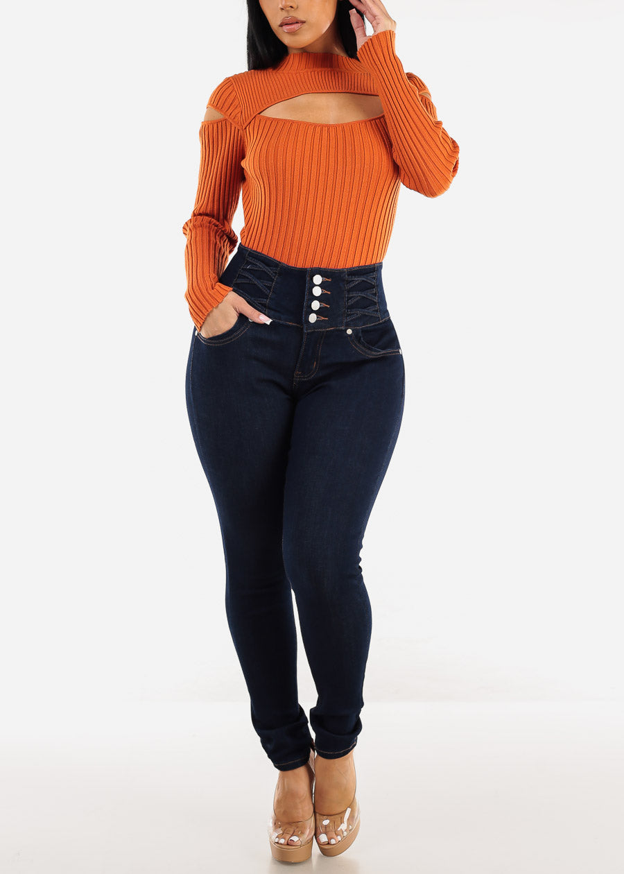 Super High Waist Butt Lift Skinny Jeans Dark Blue