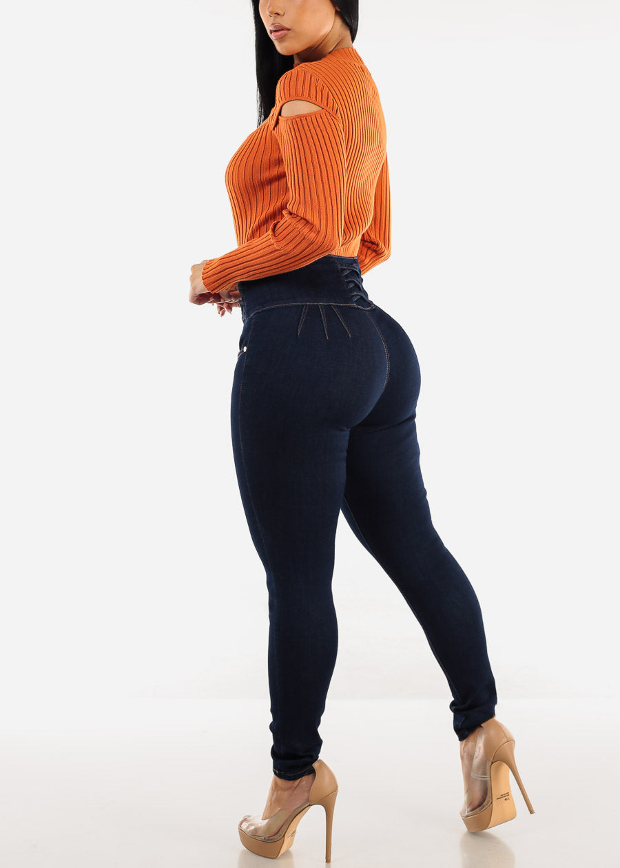 Super High Waist Butt Lift Skinny Jeans Dark Blue