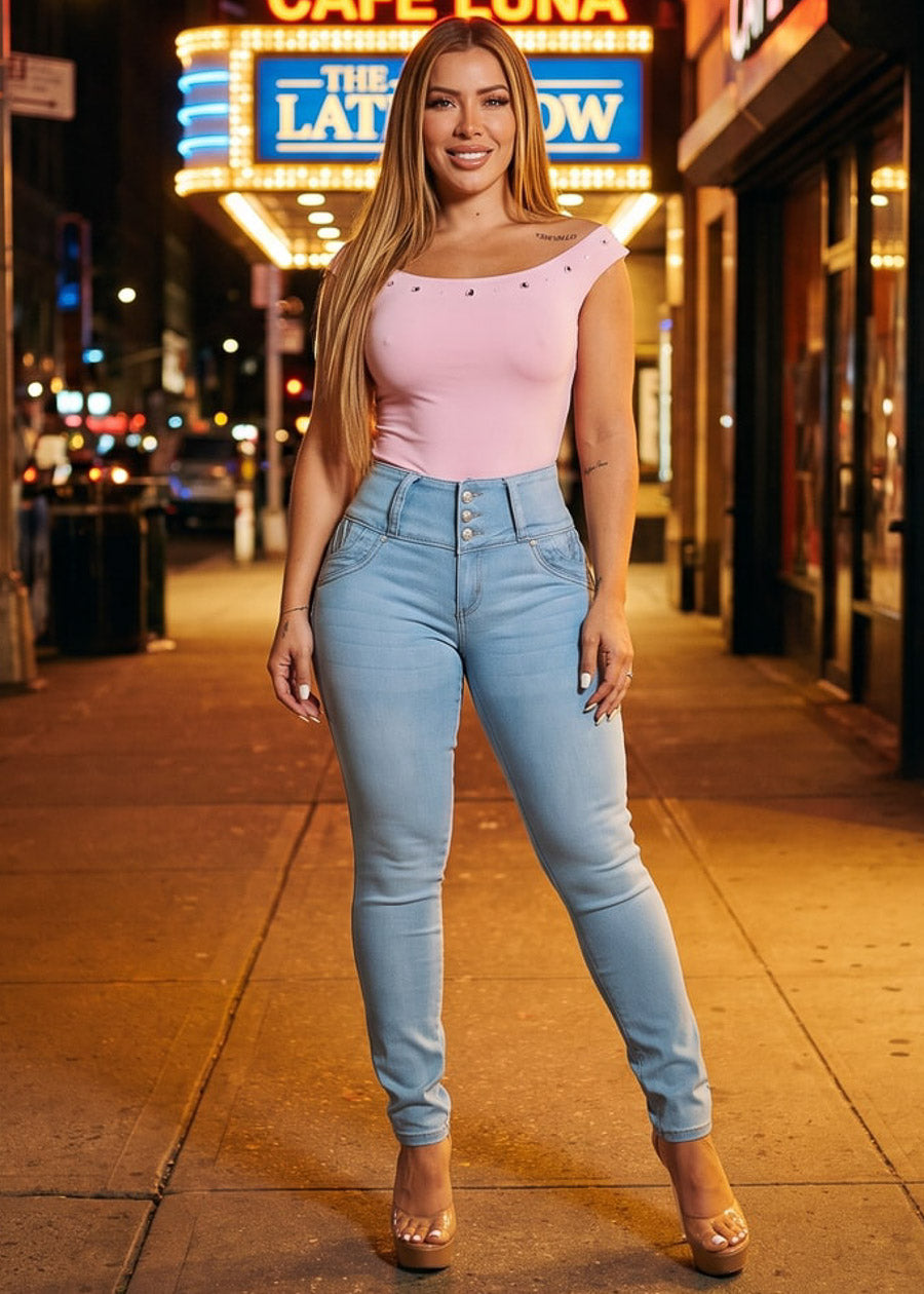 Off Shoulder Stretch Top Light Pink w Studded Neckline, view 2 of 8