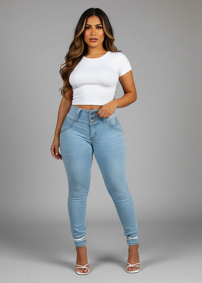 MX JEANS Butt Lifting Light Blue Braided Pocket Skinny Jeans
