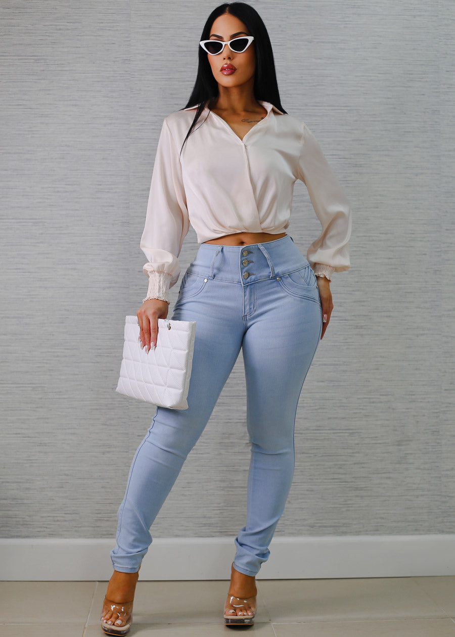 MX JEANS Butt Lifting Light Blue Braided Pocket Skinny Jeans