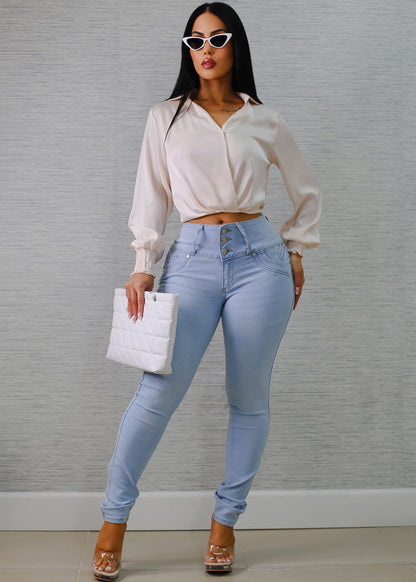 MX JEANS Butt Lifting Light Blue Braided Pocket Skinny Jeans