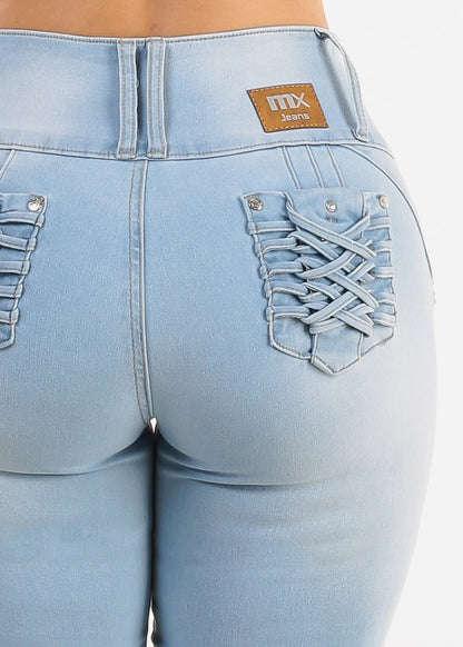 MX JEANS Butt Lifting Light Blue Braided Pocket Skinny Jeans