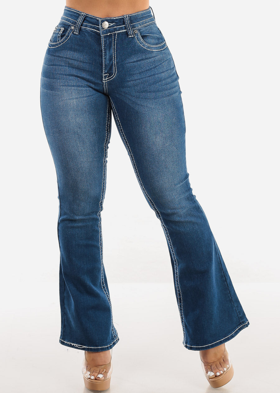 High Waist Flared Bootcut Indigo Jeans w Back Pocket Design