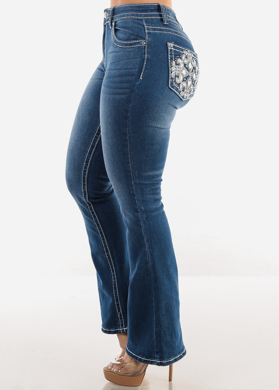 High Waist Flared Bootcut Indigo Jeans w Back Pocket Design