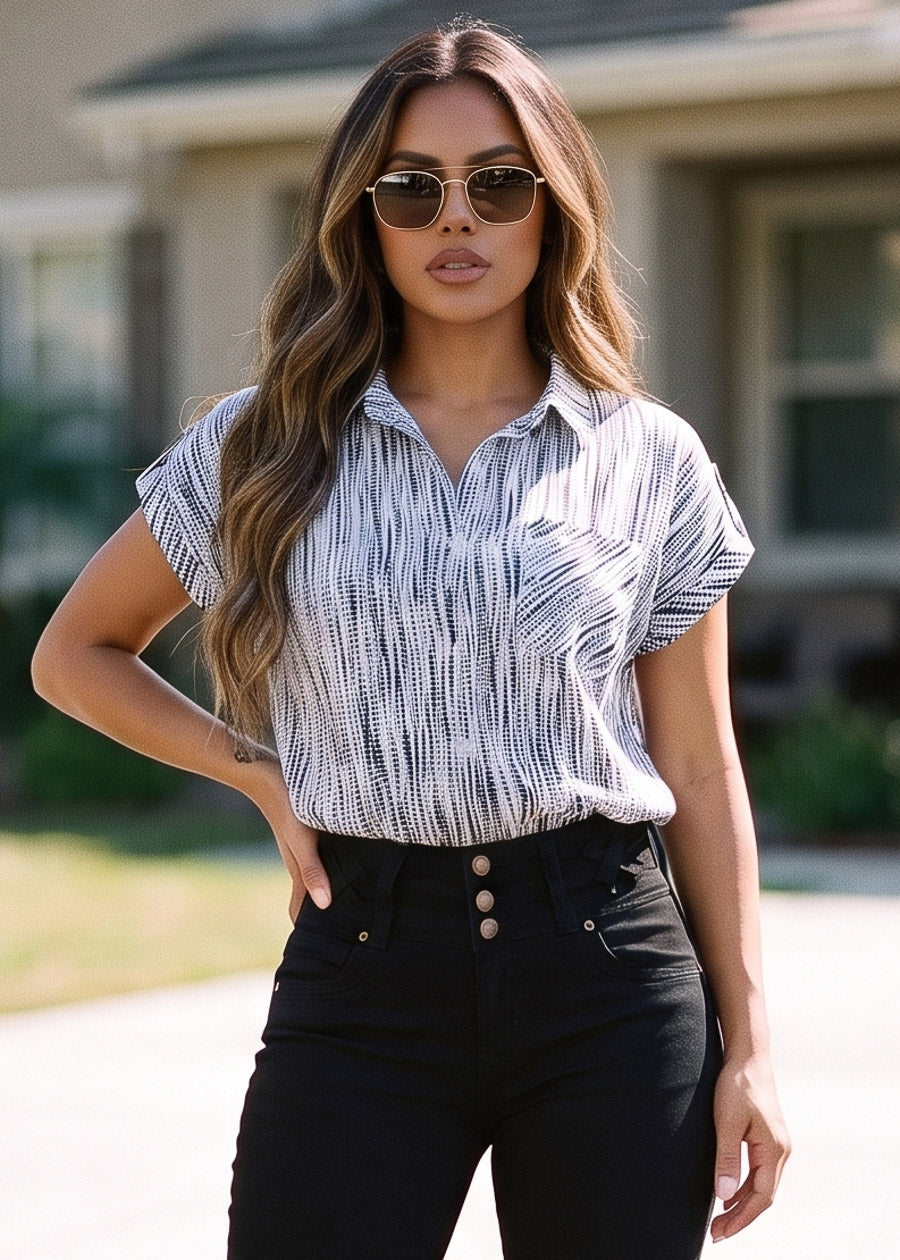 Short Sleeve Button Up Printed Collared Blouse Navy
