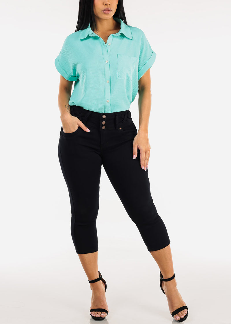 MX JEANS Butt Lift Mid Rise Denim Capris Black w Lace Up Design