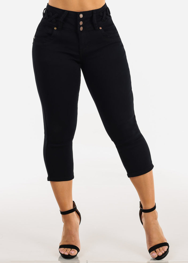 MX JEANS Butt Lift Mid Rise Denim Capris Black w Lace Up Design