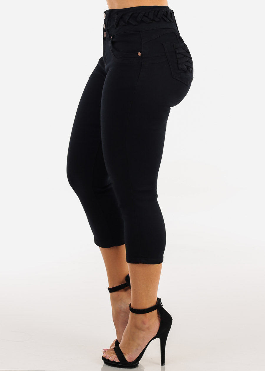 MX JEANS Butt Lift Mid Rise Denim Capris Black w Lace Up Design