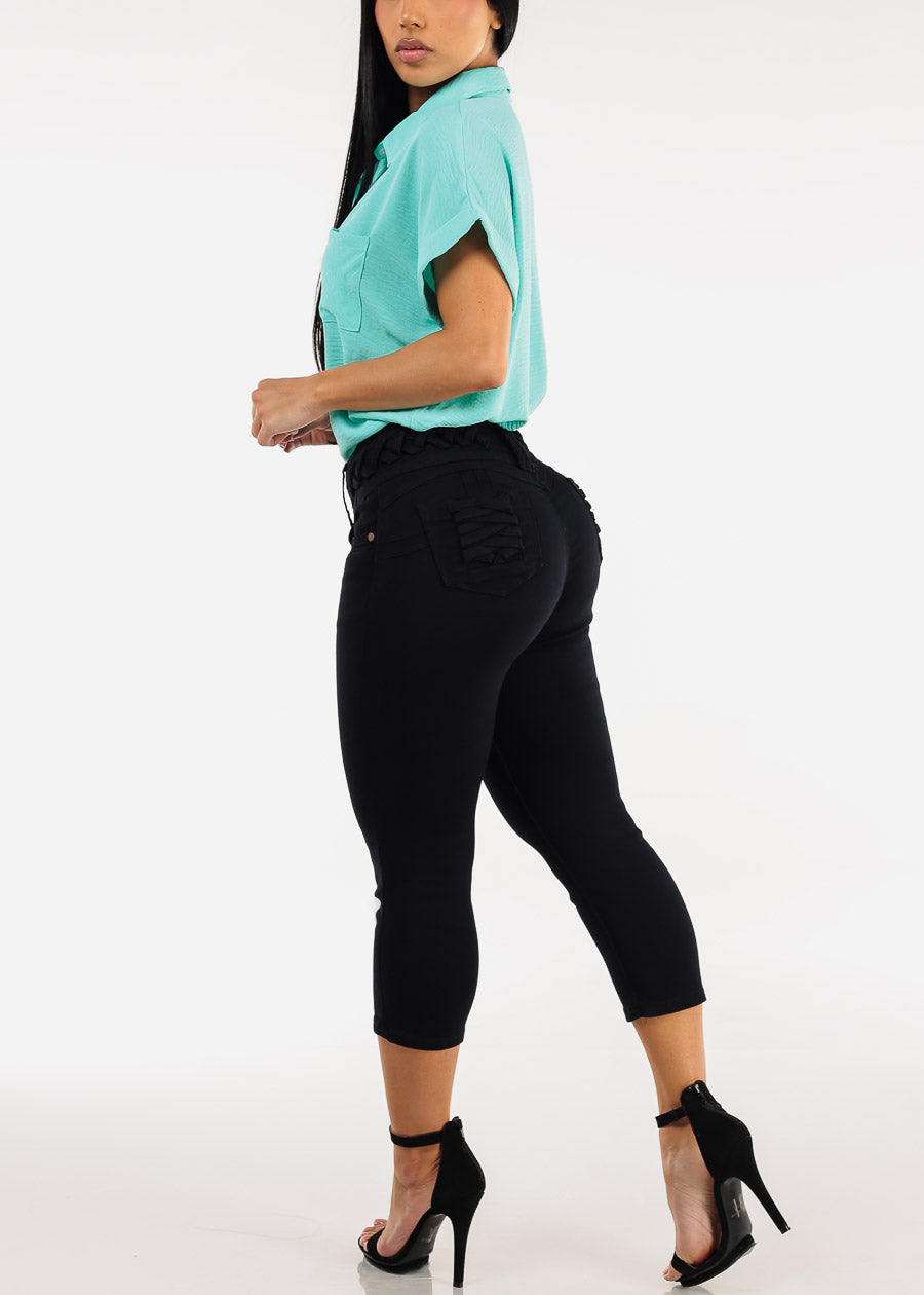 MX JEANS Butt Lift Mid Rise Denim Capris Black w Lace Up Design