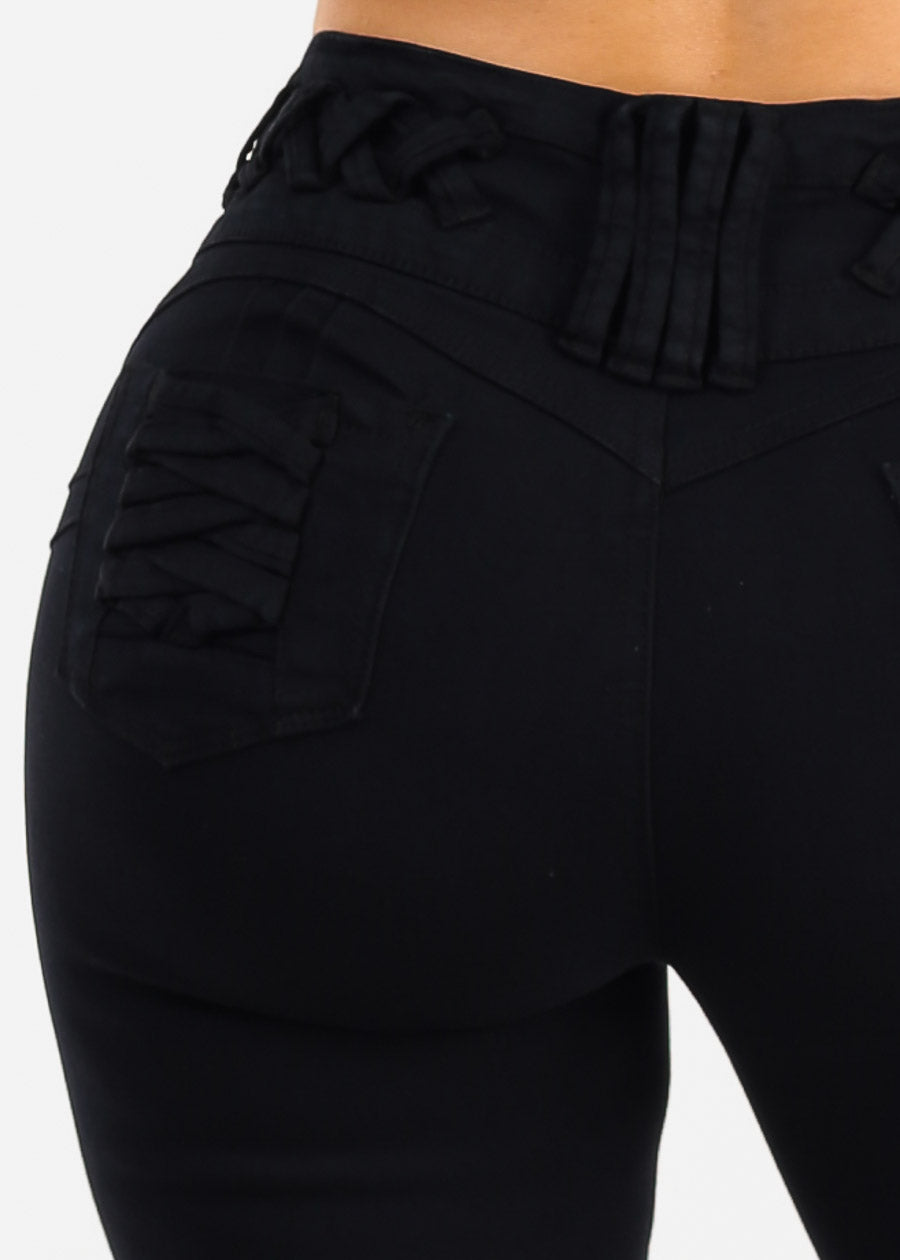 MX JEANS Butt Lift Mid Rise Denim Capris Black w Lace Up Design