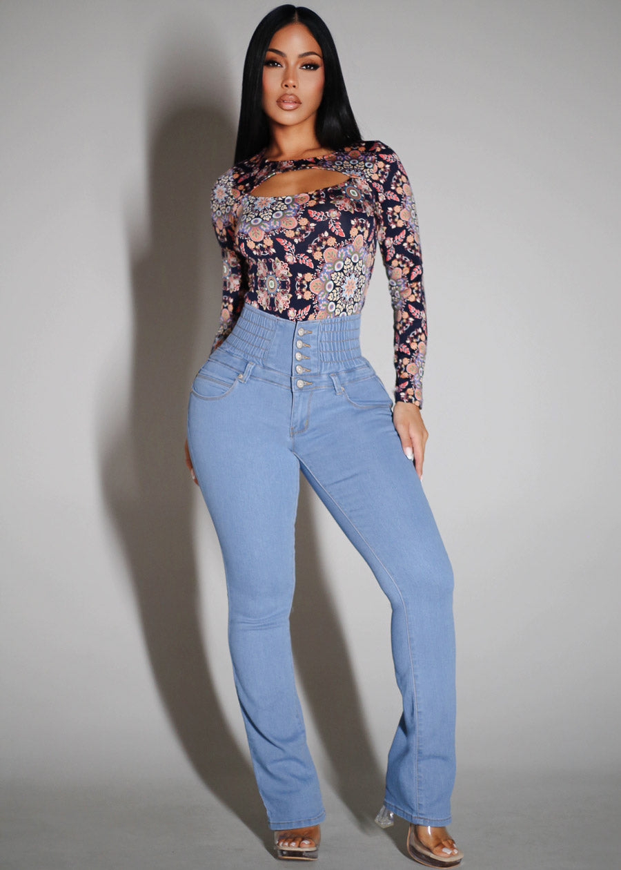 MX JEANS 5 Button Spandex Waist Bootcut Jeans Light Wash