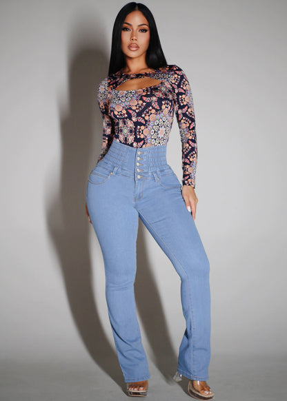 MX JEANS 5 Button Spandex Waist Bootcut Jeans Light Wash