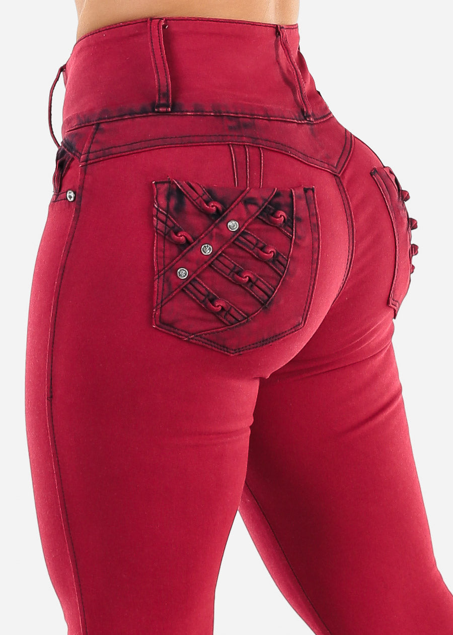 Butt Lift High Waist Red Acid Wash Skinny Jeans