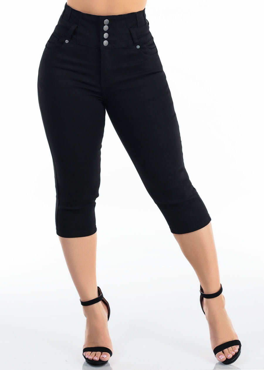 MX JEANS Black Butt Lift Super High Waist Stretch Denim Capris