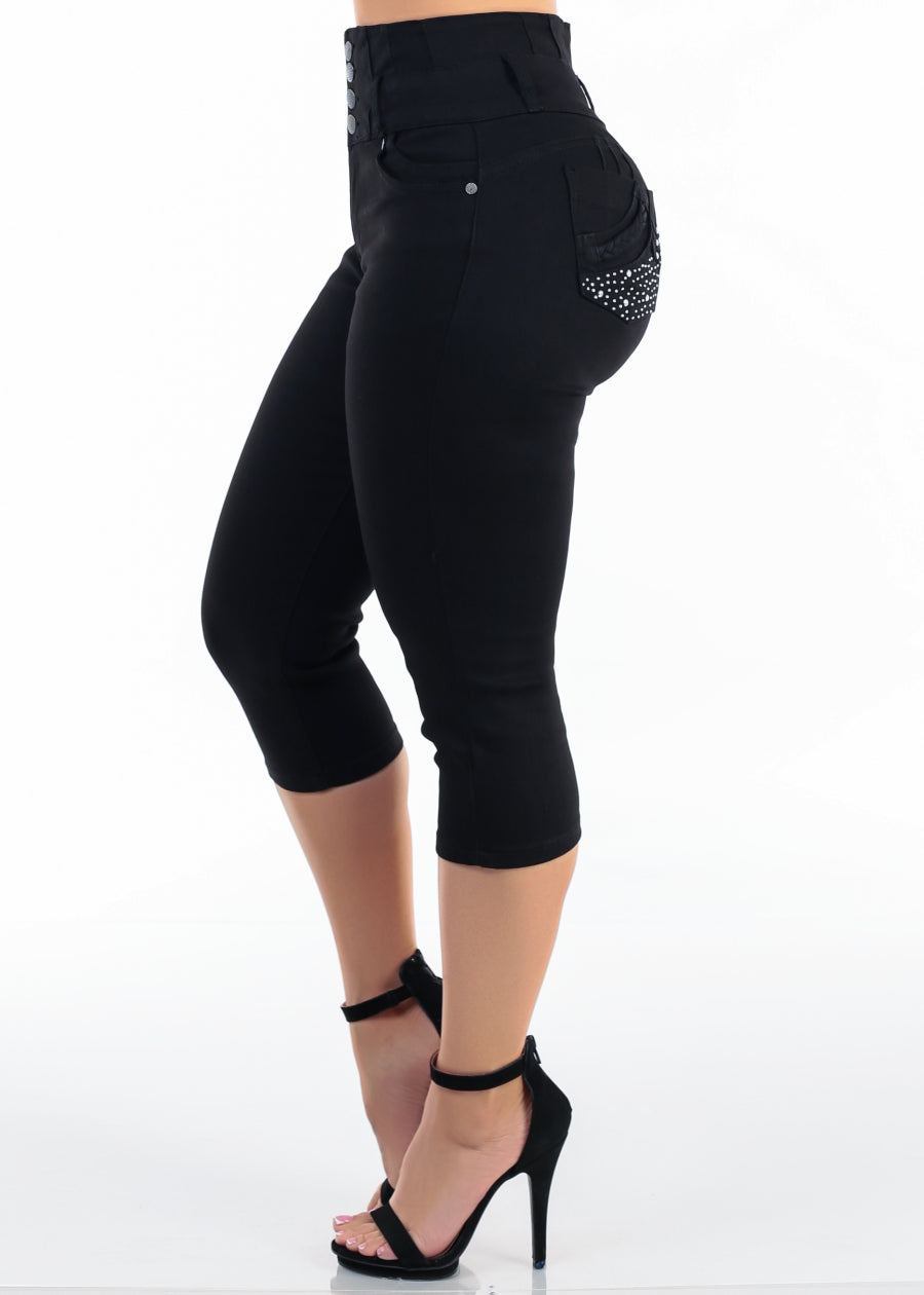 MX JEANS Black Butt Lift Super High Waist Stretch Denim Capris