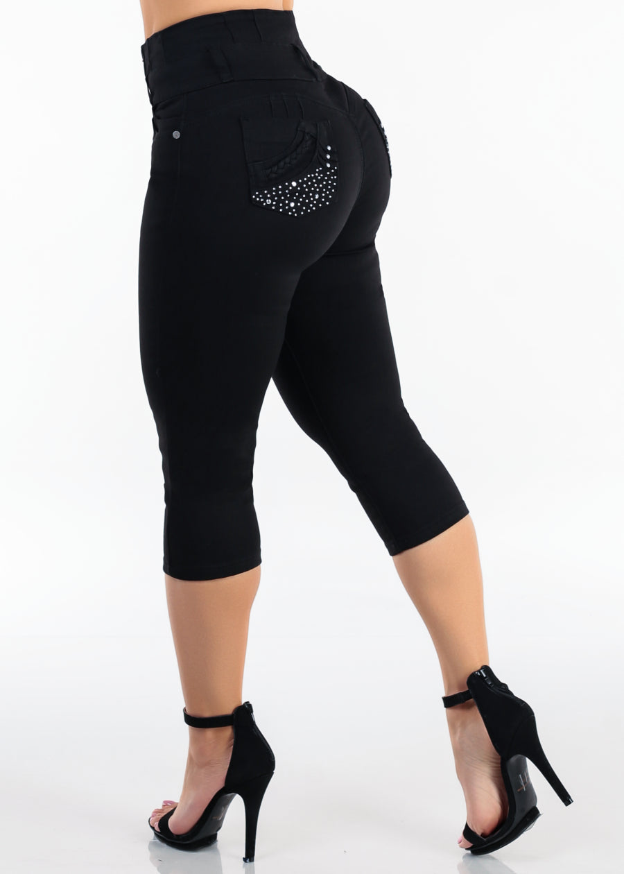 MX JEANS Black Butt Lift Super High Waist Stretch Denim Capris