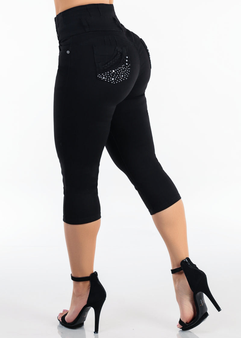 MX JEANS Black Butt Lift Super High Waist Stretch Denim Capris