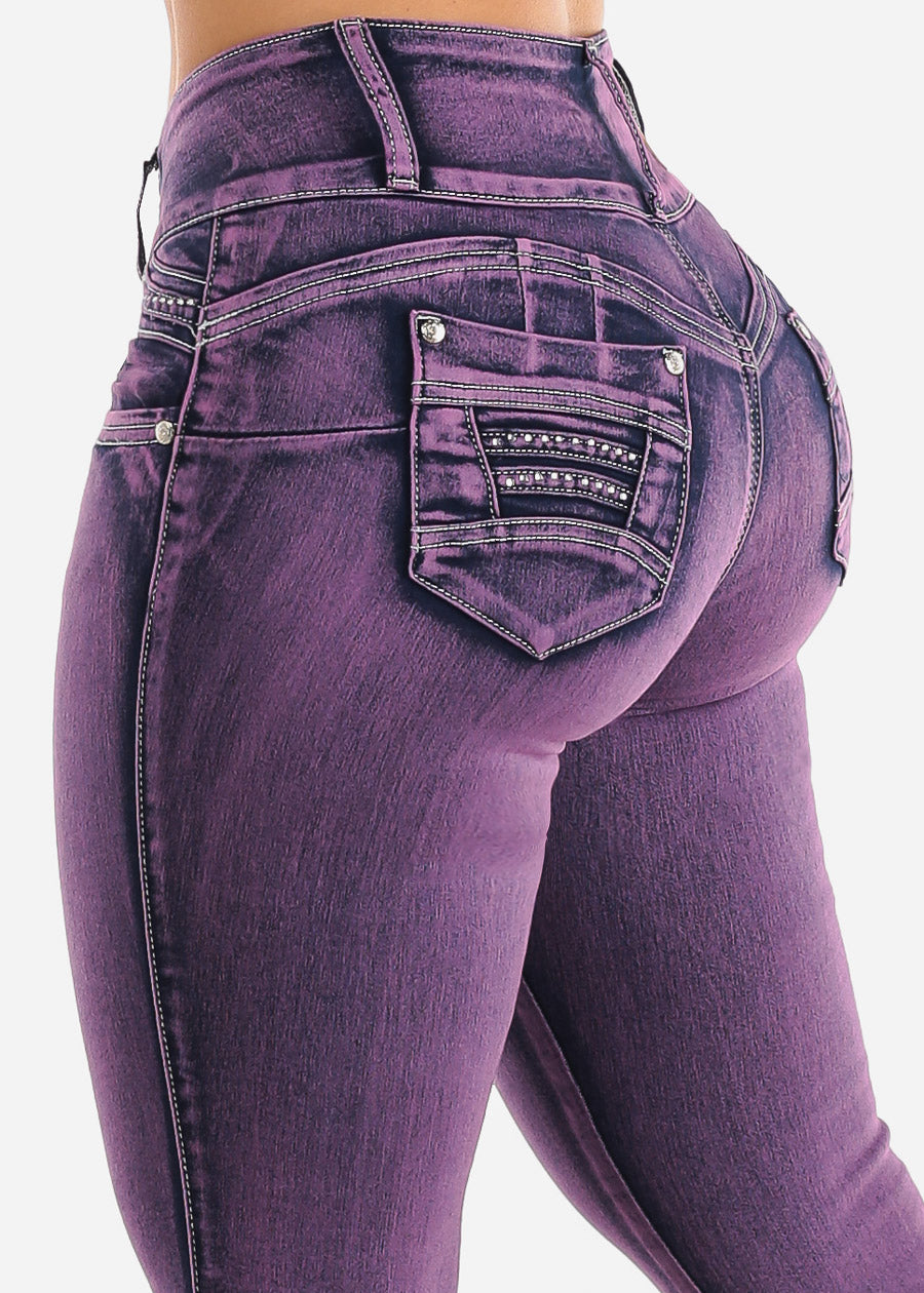Mid Rise Purple Jeans - Booty Lifting Skinny Jeans - Push Up