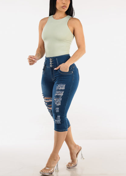 Butt Lift Distressed Denim Capris Med Blue