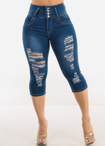 Butt Lift Distressed Denim Capris Med Blue