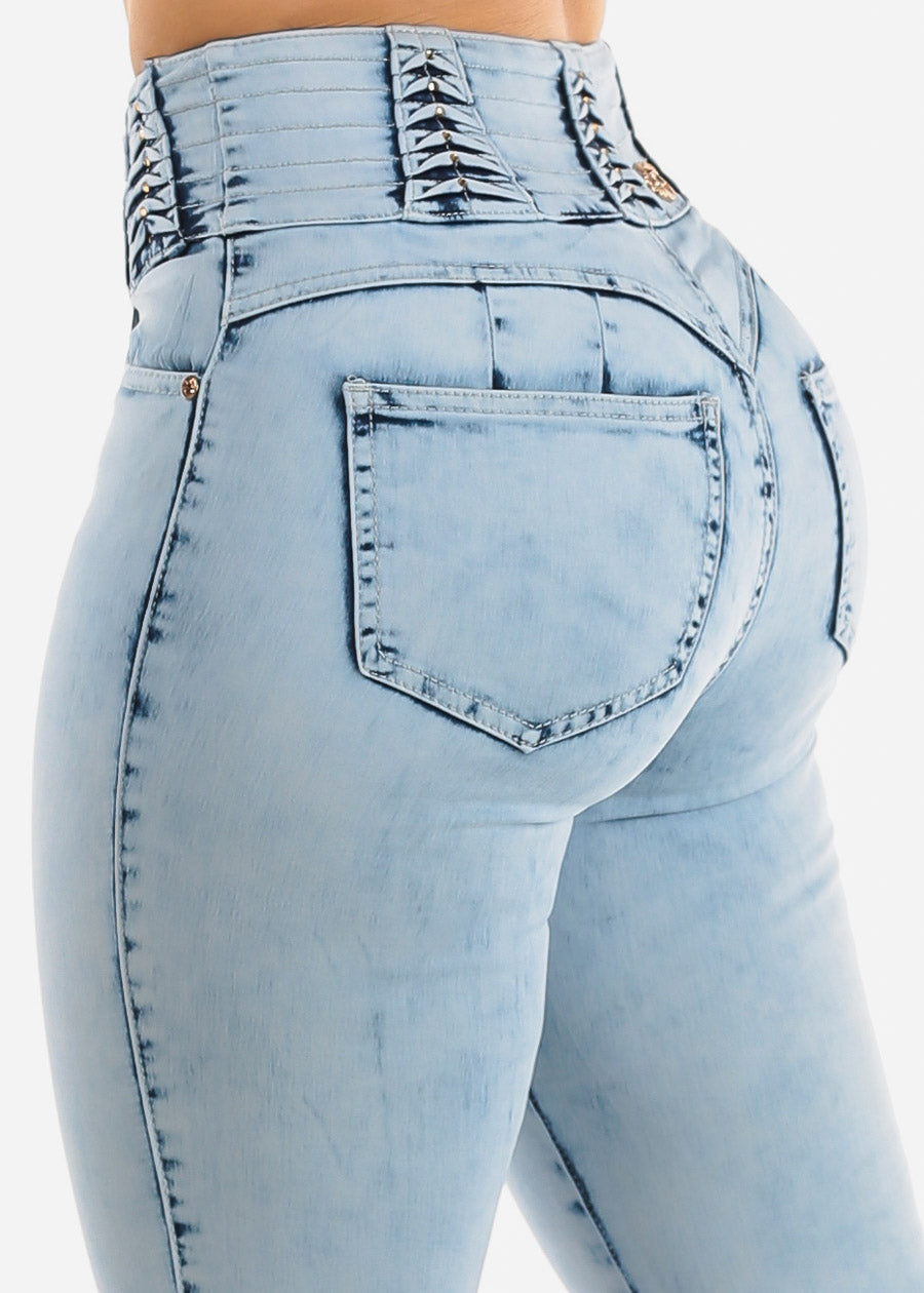 Super High Waisted Butt Lifting Skinny Jeans Light Acid Wash