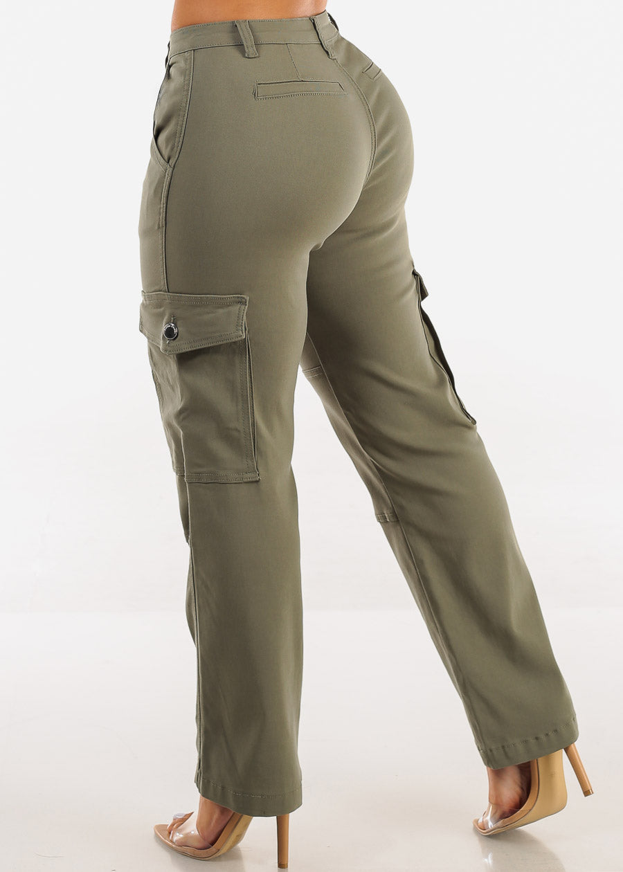 High Waist Hyper Stretch Straight Cargo Pants Light Olive