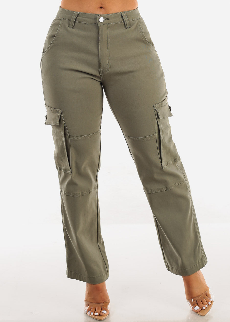 High Waist Hyper Stretch Straight Cargo Pants Light Olive