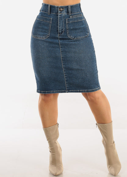 Butt Lift High Waist Stretch Denim Pencil Skirt Dark Wash
