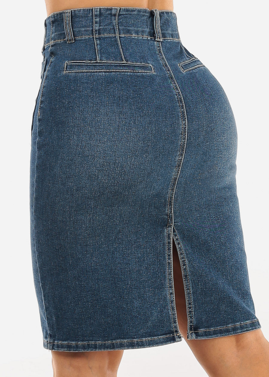 Butt Lift High Waist Stretch Denim Pencil Skirt Dark Wash