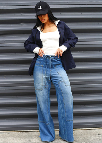 Elastic Waist Wide Leg Baggy Denim Jeans
