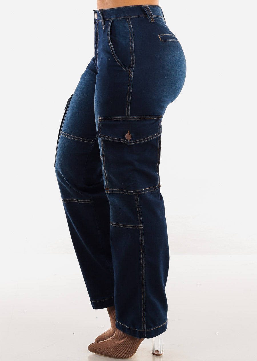 Mid Rise Straight Wide Leg Cargo Jeans Dark Blue