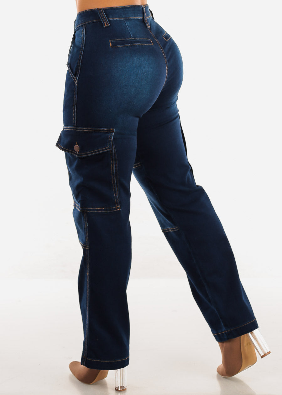 Mid Rise Straight Wide Leg Cargo Jeans Dark Blue