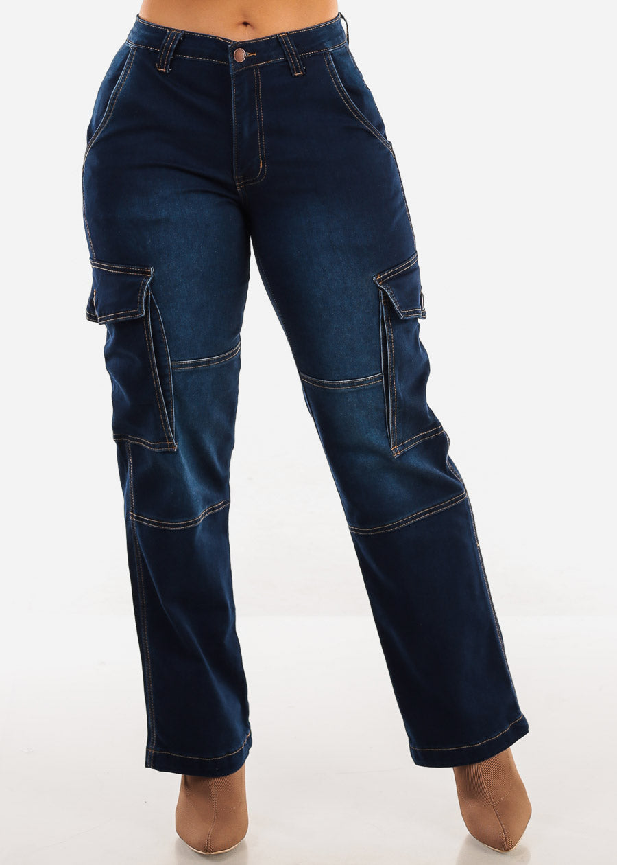 Mid Rise Straight Wide Leg Cargo Jeans Dark Blue