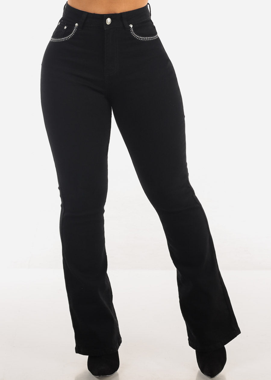 High Waist Black Bootcut Jeans w Back Pocket Design